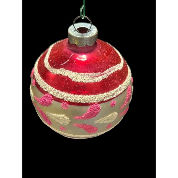 Vtg Red Shiny Brite Hand Painted w Pink White Glitter Glass Christmas Ornament - Picture 4 of 8
